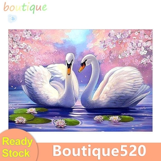 bou 40 x 30 ซม ภาพครอสติชคริสตัล 5D ลายหงส์ขาวสองตัว สำหรับตกแต่งบ้าน DIY