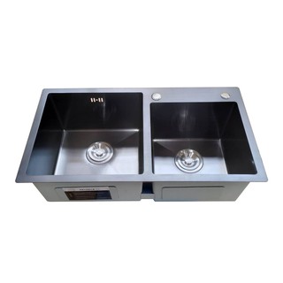 Kitchen sink,stainless steelซิงค์ล้างจาน 2 หลุม(แบบฝัง)สแตนเลส 201 ซิงค์สีดำ+สะดือ+ชุดน้ำทิ้ง+ตะแกรงชั้นวางSKB-667