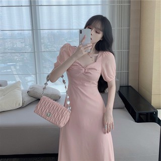 ☬oggshop เดรสยาวสีชมพูคอกว้าง Long pink dress with wide neckline