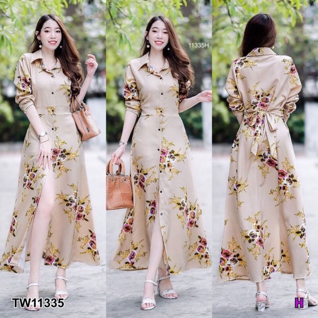 pe11335-maxi-dress-shirt-เดรสเชิ้ตยาวติดกระดุมหน้า-มีเชือกผูกเอว-เนื้อผ้าโฟเวย์พิมพ์ลายดอกกุหลาบ