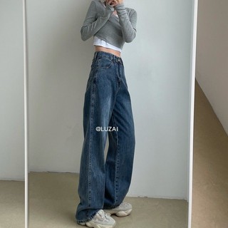 กางเกงยีนส์ขายาวทรงหลวมเอวสูงทรงหลวมสไตล์เกาหลีสำหรับฤดูร้อนของผู้หญิงเกาหลี