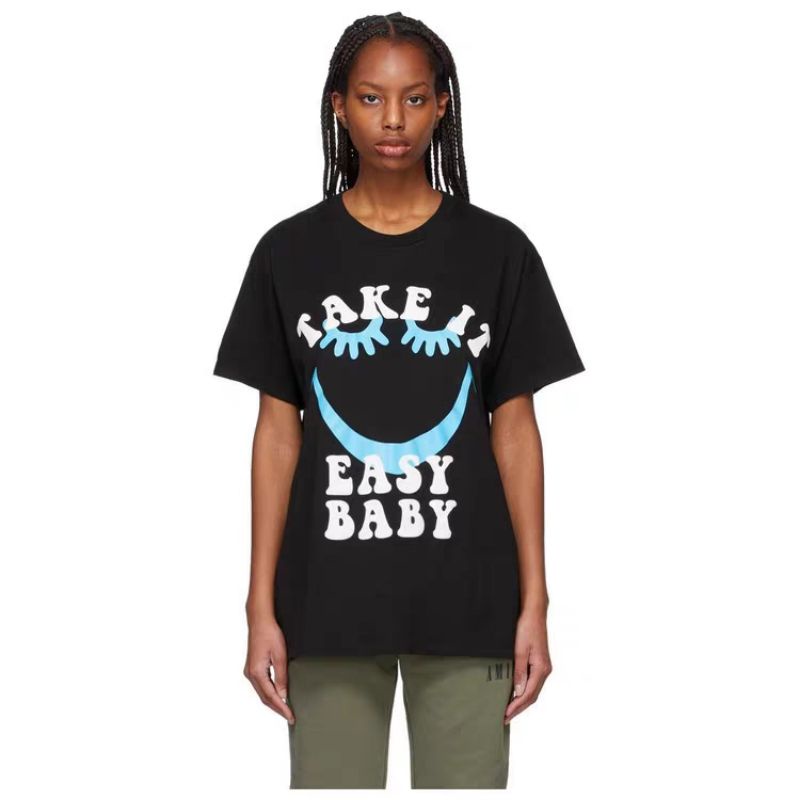 amiri-2022-size-s-อก-42-พร้อส่ง-take-it-easy-baby-ตัวหนังสือโฟมนูน-black-short-sleeve-printed-cotton-jersey-t-shirt