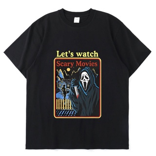 ปล่อย &amp;#39; s Watch ภาพยนตร์น่ากลัว Scream Horror Halloween Send Friends ฤดูร้อน แขนสั้น หลวม ลําลอง กีฬา เสื้อยืด Unise