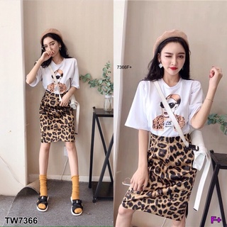 TW7366  Set 2 ชิ้น เสื้อยืดคอกลม แขนสั้น สกรีนการ์ตูนเนื้อผ้าคอตตอน+กระโปรงลายเสือ ทรงเอผ่าหลัง เนื้อวูลพีช มีซับใน