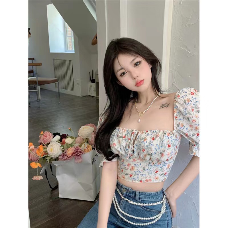 cicishop-1717-เสื้อครอปแขนยาวคอเหลี่ยม-เชือกผูกโบว์ลายดอกไม้-สวยแซ่บน่ารัก-สายคาเฟ่ๆแบบชิคๆ