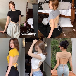 สินค้า Cicishop(A791)เสื้อครอปไหมพรมคอสูง เว้าหลัง มีดีเทลสายผูก สุดเซ็กซี่