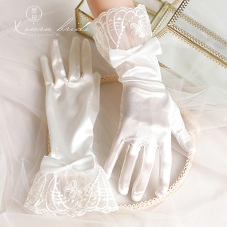 ผ้าซาตินสีขาวโบว์ลูกไม้ ถุงมือแต่งงาน ถุงมือแต่งงาน อุปกรณ์จัดงานแต่งงาน จัดงานแต่งงาน ถุงมอเจ้าสาว ถุงมือ