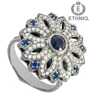 แหวนแฟชั่น Ethniq ฝังพลอยนาโนนำเข้า  สีขาว-น้ำเงินไพลิน  ชุบ Black Rhodium