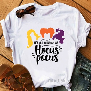 เสื้อครอปสายฝอ - ตลก Hocus Pocus เสื้อยืดผู้หญิงของขวัญฮาโลวีน Streetwear สีขาวลําลองแขนสั้นหญิงแม่