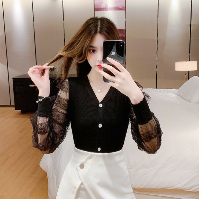 ey-official-1790-พร้อมส่งเสื้อแขนยาวตัวเสื้อเป็นผ้าไหมพรม-แขนผ้าซีฟอง