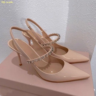 🍭คะนอง🍭Baotou รองเท้าแตะ rhinestone สตรี 2022 รองเท้าส้นสูงเปลือย stiletto ชี้นิ้วเท้ากลับรองเท้าเปล่า