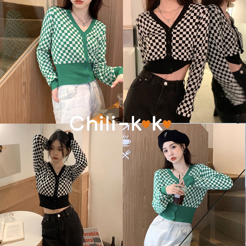 chili-k-k-เสื้อไหมพรมแขนยาว-จั้มเอวลายลายสก๊อต-กระตุมหน้าสไตล์เกาหลี-28043