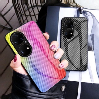 เคส Huawei P50 Pro Nova 9 8i Y7a Hardcase Carbon Fiber Pattern Tempered Glass Casing Silicon Soft Edges Shell Cover เคสโทรศัพท์ P50Pro Nova9 Nova8i Honor50 Phone Cell Case