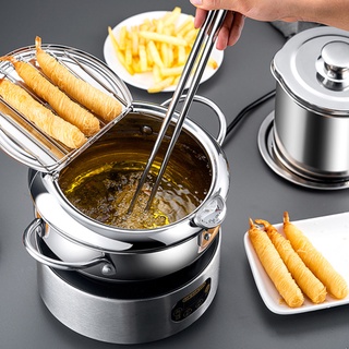 ┅Japanese Tempura Fryer Pan Kitchen Frying Pans Deep Frying Pot With Lid Thermometer 304 Stainless Steel Cookware Wok Ut