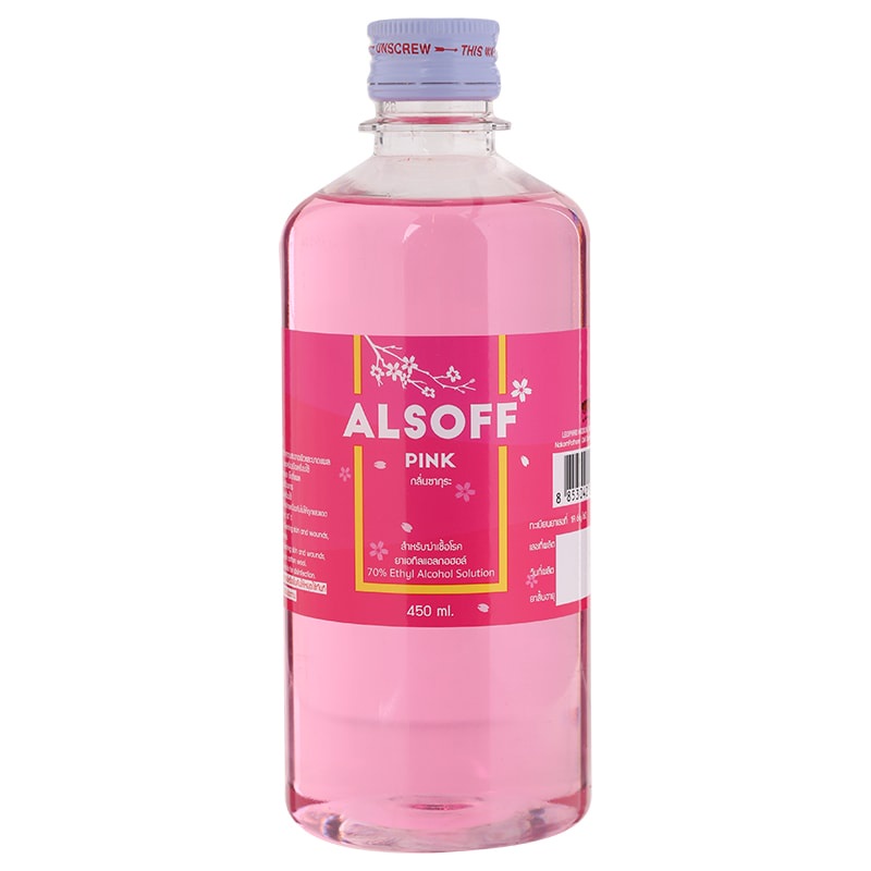 แอลกอฮอล์-alcohol-แอลกอฮอล์น้ำ-สีชมพู-กลิ่นซากุระ-450-ml-ethyl-alcohol-alsoff-s-alsoff-pink-1-ขว