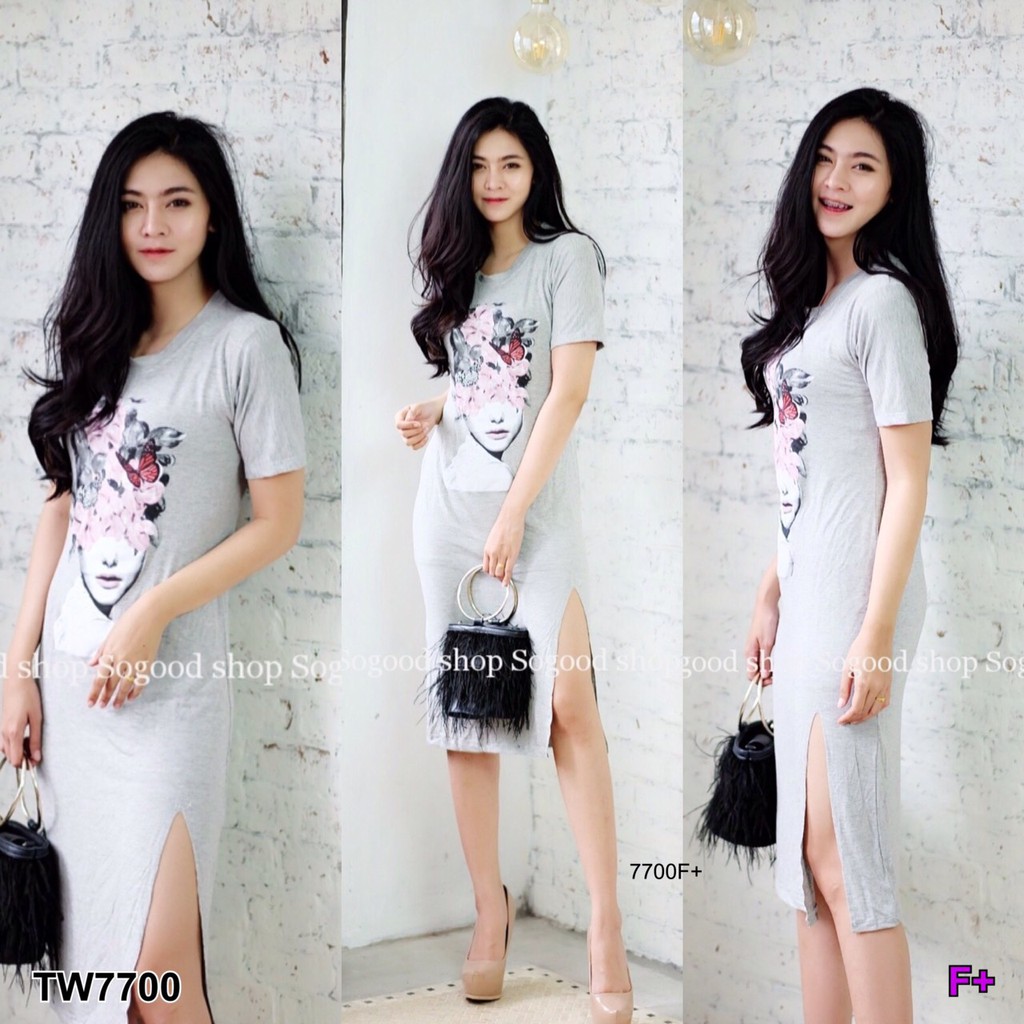 at7700-เดรสยาว-5ส่วน-สกรีนผู้หญิงกับผีเสื้อผ้ายืดเรยอนเนื้อดี-ด้านหน้าช่วงกระโปรงผ่ายาว