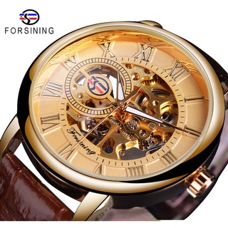 Forsining Classic Mens Mechanical Watches Skeleton Golden Roman Ultra-Thin Hand Wind Business Dress Gentleman Leather Wr