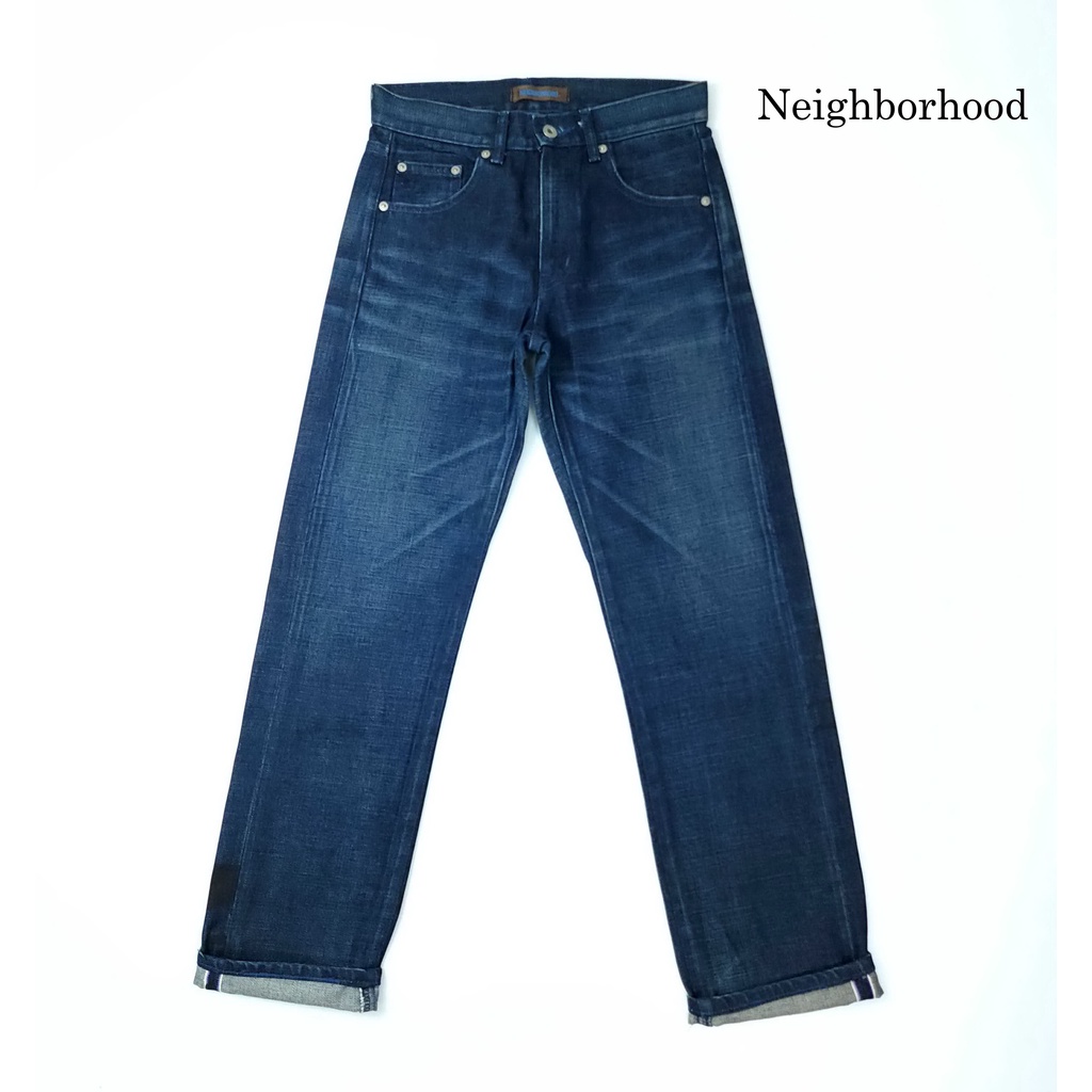 ยีนส์ริมแดง-selvedge-neighborhood-เอว-29-ริมแดง-สีเข้ม-ผ้าด้าน-สภาพใหม่-ขากระบอก-made-in-japan