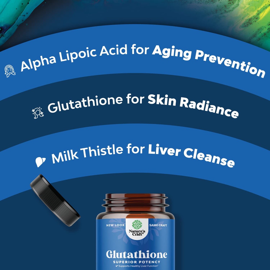 natures craft glutathione superior potency Reduced Supplement, 1000mg Pure Glutathione with Alpha Lipoic Acid & Milk Thistle for Skin, Liver & Immune Support, Nature's : Target Reduced Glutathione Supplement, 1000mg Pure