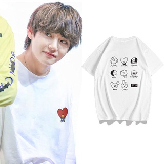 เสื้อยืดแขนสั้น ผ้าฝ้ายแท้ พิมพ์ลายการ์ตูน bts bts Kim Tae Hyung Tian Jungkook Park Jimin สําหรับผู้หญิง และผู้ชายS-5XL