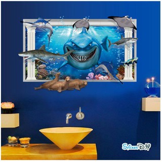 Wall sticker สติ๊กเกอร์ติดผนัง 3D SHARK สไตล์C (กว้าง89cm.xสูง59cm.)