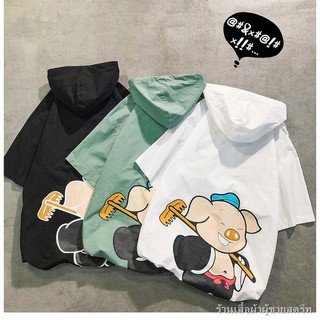 เสื้อยืดคอกลมแขนสั้น Pig Bajie ชาย เสื้อผ้าฤดูร้อนทรงหลวมขนาดบวก เสื้อฮู้ดลายการ์ตูน