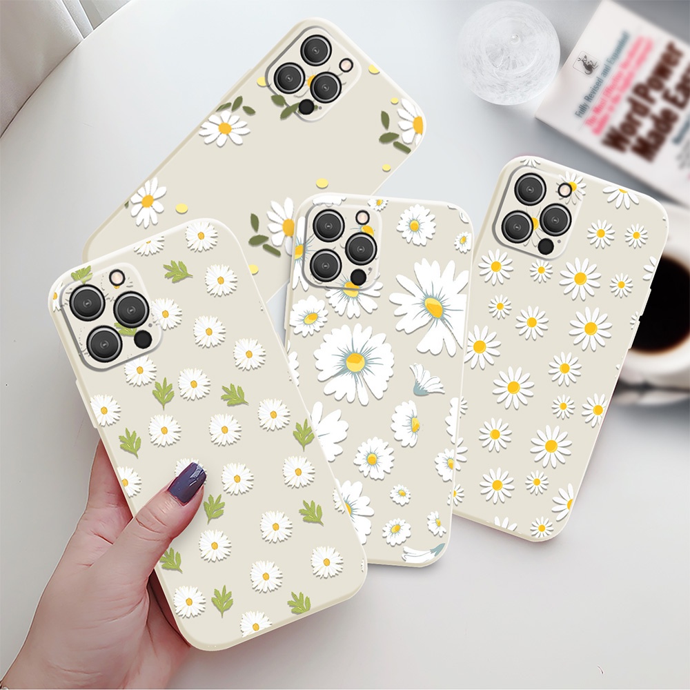 เคสโทรศัพท์มือถือ-ซิลิโคนนิ่ม-ขอบตรง-ลายดอกเดซี่-สีขาว-สําหรับ-iphone-14-pro-max-11-13pro-12