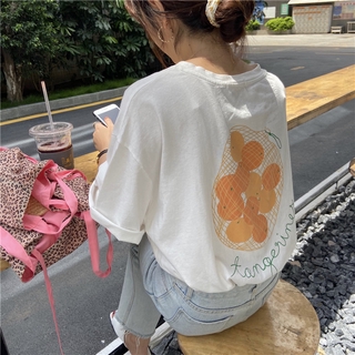 42411 เสื้อยืดแขนครึ่ง พิมพ์ลายส้ม เข้ากับทุกการแต่งกาย