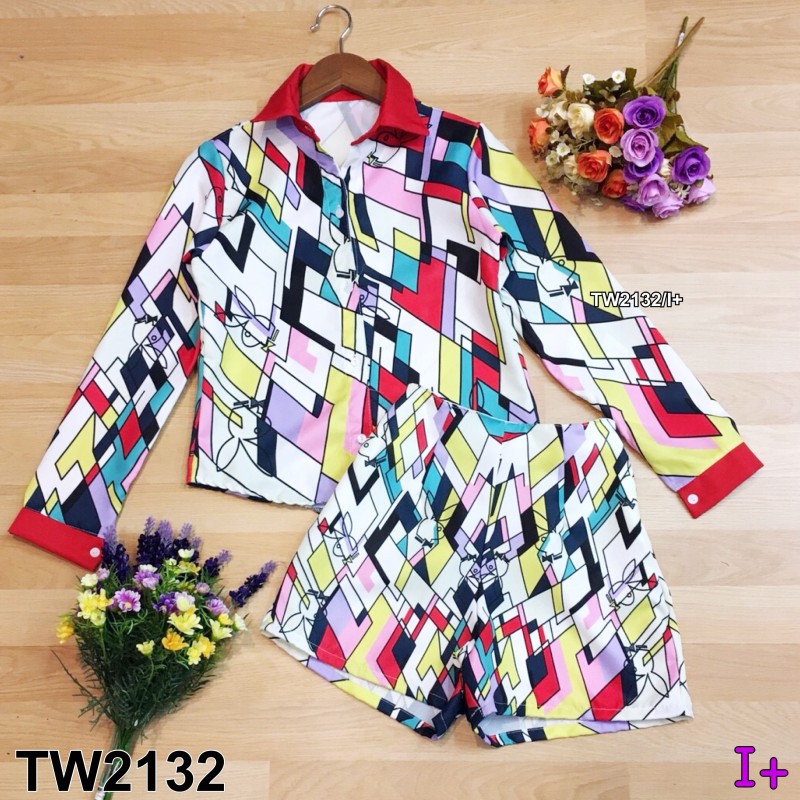 เสื้อเชิ้ตแขนยาวพิมพ์ลาย-กางเกงเอวสูงขาสั้น-tw2132