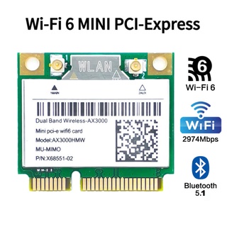 อะแดปเตอร์การ์ดเครือข่ายไร้สาย Wi-Fi 6 AX3000HMW 3000Mbps บลูทูธ 5.1 Half Mini PCI-E 802.11ax ac Dual Band 2.4Ghz 5G MU-MIMO OFDMA สําหรับ Intel AX200