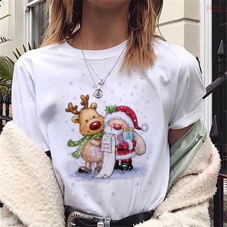 ⚡️ พร้อมส่ง⚡️ New Lovely Deer T Shirt Harajuku Women Fashion Christmas Printed Short Sleeve T-shirt White Suitable