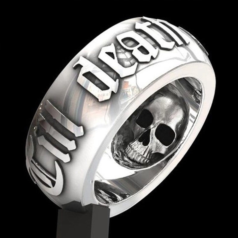 Huitan Vintage Skull Lettering Punk Rings For Men Black Silver Color ...