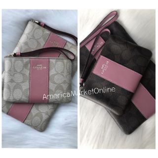 COACH F58035 CORNER ZIP WRISTLET IN SIGNATURE COATED CANVAS WITH LEATHER STRIPE  คล้องมือ S 1zip ชมพู