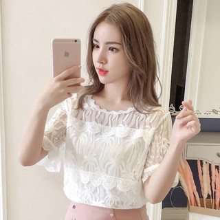 ◆✹2020รุ่นใหม่เกาหลีของแบนกลวงหลวมหลวมหลวมลูกไม้เสื้อลูกไม้ของผู้หญิงสั้น- แขนอากาศตีด้านล่างด้านบนชีฟอง-การขายล่วงหน้