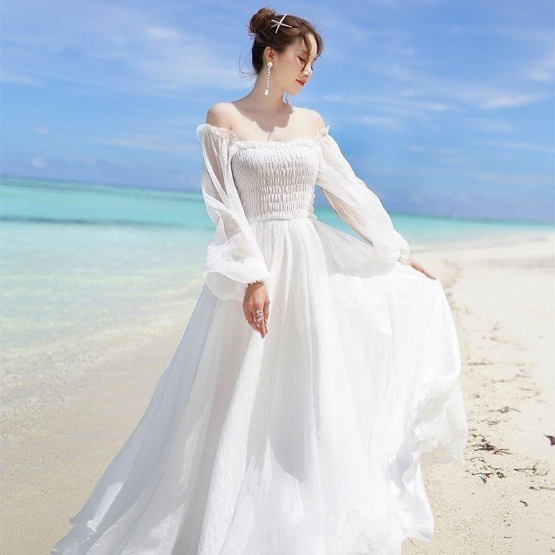 hot-sale-summer-one-shoulder-strapless-lantern-sleeve-sunscreen-wrapped-breast-dress-malaysia-seaside-vacation-beach