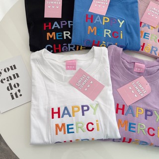 S079 เสื้อยืด oversize ผ้าคอตตอน สไตล์ minimal ปัก HAPPY MERCI CHERIE