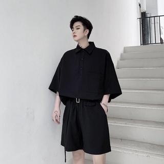 ✘ฤดูร้อน ins ลมผู้ชายหลวมสีทึบแขนสั้นเสื้อ 2 ชิ้นชุดเยาวชนอินเทรนด์ผู้ชายกางเกงขาสั้นชุดน้ำ