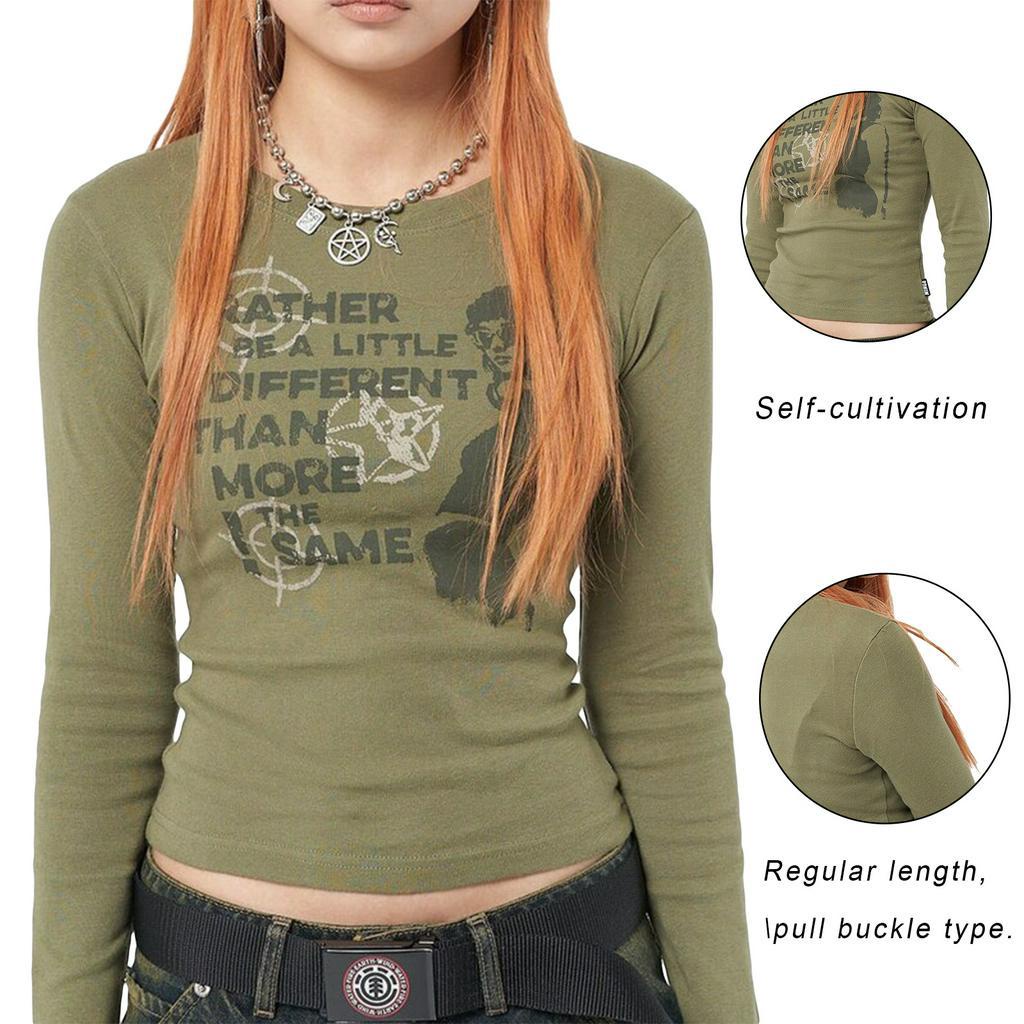 เสื้อคอกลมผู้หญิง-วินเทจแขนยาวตัวอักษรลายพิมพ์บางพอดีเสื้อยืด