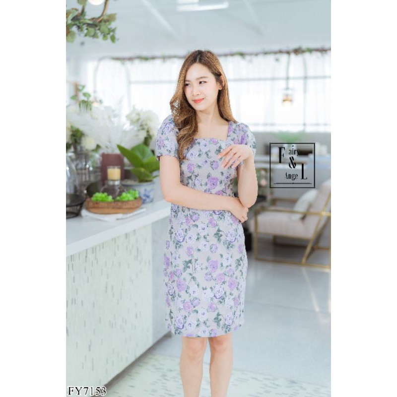 เดรสลายดอก-คอเหลี่ยม-แขนสั้น-fy7153