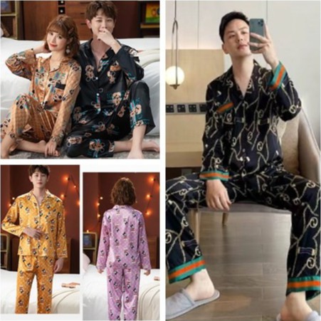 ภาพหน้าปกสินค้าชุดนอนผ้าซาติน  ชุดนอนสไตล์ชายและหญิงเกาหลีใต้ รูปแบบ เสื้อแขนยาว + กางเกงขายาวหญิง M-3XLชาย L-3XL จากร้าน hao456_ บน Shopee