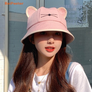 [BaiPester] Fashion Cat Whisker Bucket Hat for Women Summer Plain Women Panama Outdoor Hiking Beach Fishing Cap  Female Sunhat Bob