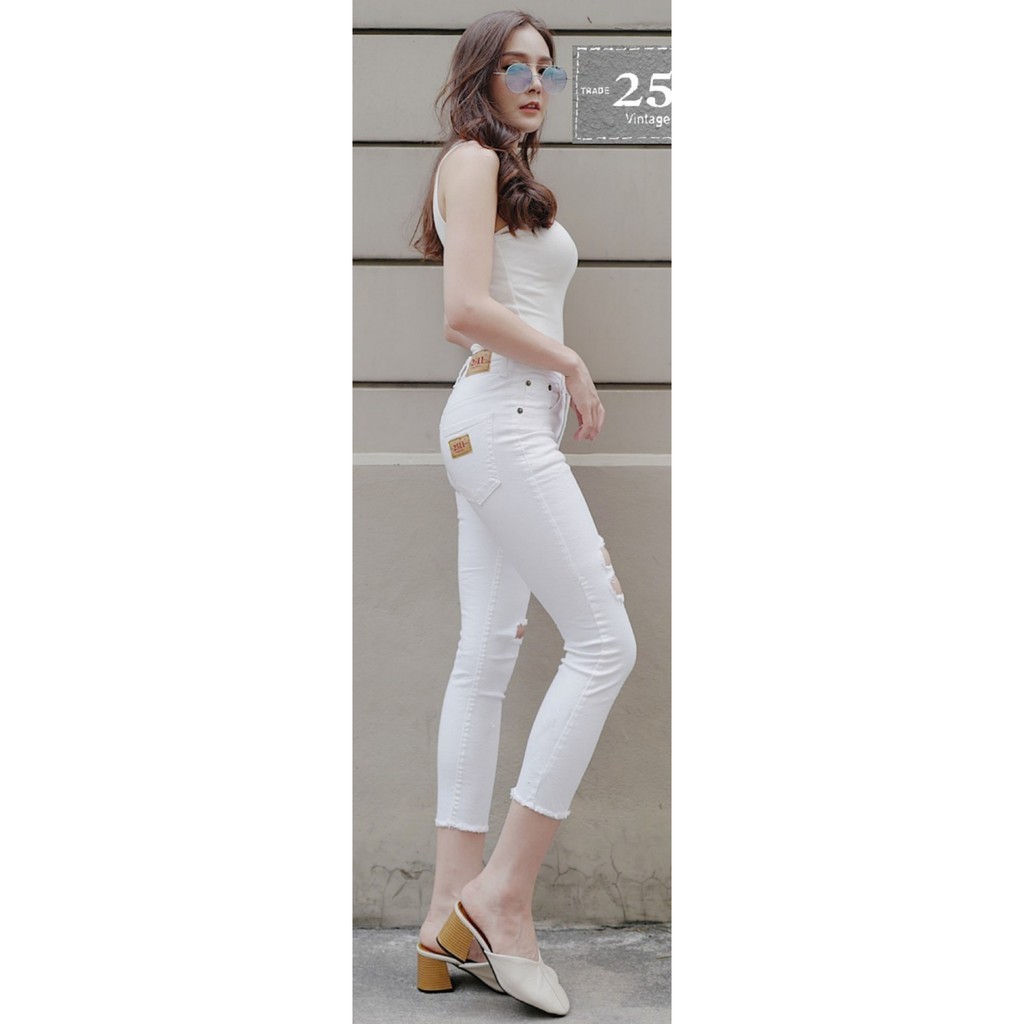 2511-vintage-denim-jeans-by-araya-กางเกงยีนส์-ผญ-กางเกงยีนส์เอวสูง-ยีนส์ยืด-แต่งขาด-ผ้ายืดเข้ารูป