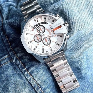 🎀 (สด-ผ่อน) นาฬิกา สีเงิน กล่อง WS DIESEL DZ4328 Mega Chief Chronograph White Dial Stainless Steel Mens Watch