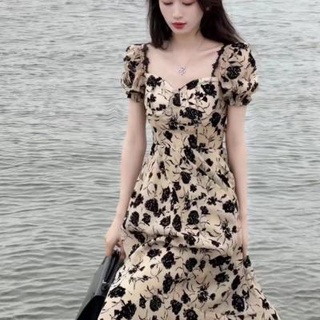 🔥Hot Sale/Dry Rose Hepburn Style Dress French High Waist Skirt Design Chic Tea Break Floral Long Dress Women