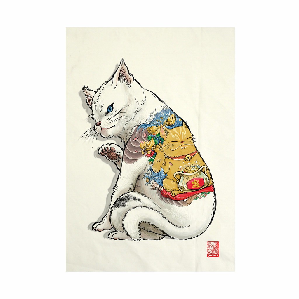 ผ้าแคนวาส-พิมพ์ลาย-แมวสัก-ไม่มีกรอบ-ขนาด-34-5x48-5-ซม-neko-tattoo-fabric-art-canvas-no-frame