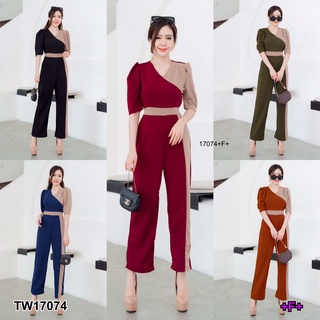 PE17074 Jumpsuit จั้มสูทแขนสั้น ทูโทน เนื้อผ้าวูเวฟ เอวมีสายผูกเก็บทรงชุด