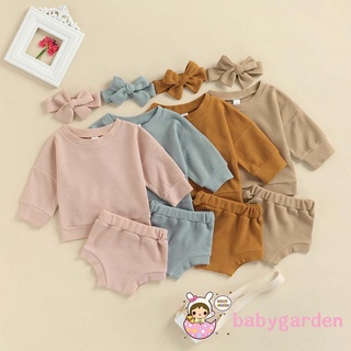 Babygarden-0-24 เดือน เสื้อผ้าเด็กผู้หญิง 3 ชิ้น / ชุด เสื้อแขนยาว คอกลม สีพื้น + กางเกงขาสั้น เอวยางยืด + ที่คาดผม