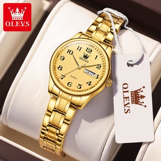 OLVES 5567 นาฬิกาข้อมือผู้หญิงกันน้ำได้ 100% แบรนด์เนมแท้ คู่ นาฬิกาผู้หญิงแฟชั่น สายสเตนเลส ควอตซ์ ถ่าน สีขาว ทอง