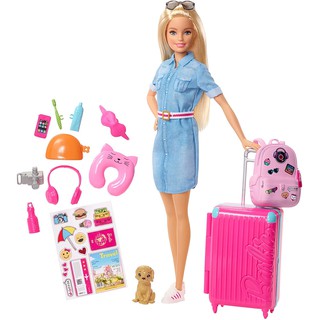 Barbie Doll and Travel Set with Puppy Luggage &amp; 10+ Accessories FWV25 ชุดตุ๊กตาบาร์บี้ และกระเป๋าเดินทาง พร้อมกระเป๋าเดินทาง อุปกรณ์เสริม สําหรับตุ๊กตาลูกสุนัข 10 ชิ้น FWV25