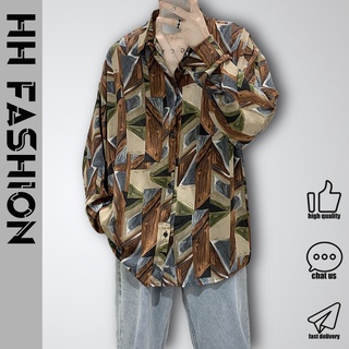 เสื้อเชิ้ตแขนยาวลําลอง ทรงหลวม ลายดอกไม้ แฟชั่นฮาวาย สไตล์เกาหลีวินเทจ สําหรับผู้ชาย